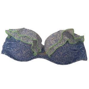 Victoria's Secret Women's Strapless Ruffle Bandeau Bikini Top Blue White SZ 34C